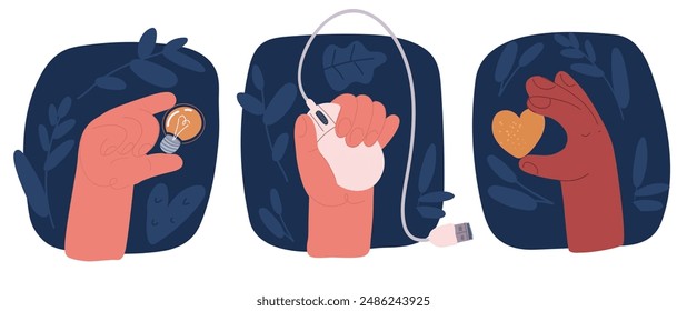 Vector cartoon illustration of Brainstorming concept. Metaphor of diverse people proposing or sharing innovative ideas solutions and agreements. Hand hold bulb, mouse, heart over dark backround
