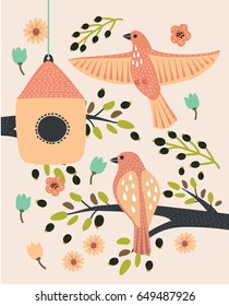 Vector cartoon illustration of branch with bird house. Two birds. Burds sitting in the brunch and second fly around childish art pastel background and floral elements