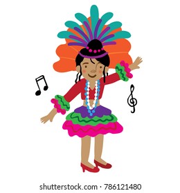 Vector cartoon illustration of Brazilian dancer in costume isolated against white background