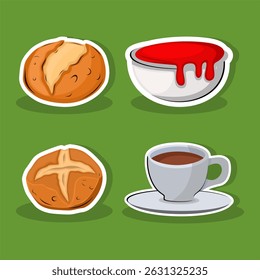 Vector Cartoon Illustration of a Breakfast with bun sauce and coffee