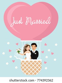 Vector cartoon illustration of the bride and groom in a hot air balloon in the sky. Happy wedding couple, just married in flat style.