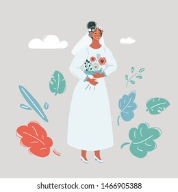 Vector cartoon illustration of Bride. Human character on white isolated background.