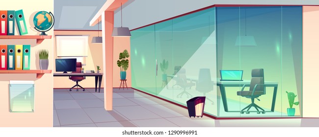 Vector cartoon illustration of bright office, modern workplace with transparent glass wall and tile floor. Corporate space for job with furniture and green plants, business cabinet for professionals.