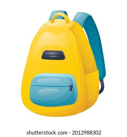 Vector cartoon illustration of a bright school children backpack. Bag for notebooks, textbooks and stationery. Back to school sticker.