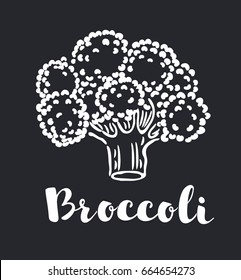 Vector cartoon illustration of Broccoli Silhouette outline drawing white on black background. Hand drawn lettering name