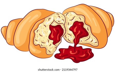Vector cartoon illustration of broken croissant with fruit jam isolated on white. Bake dessert product for lunch, breakfast. Food Icon. Design for cookbook, restaurant business.