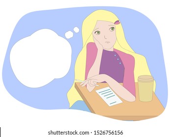 Vector cartoon illustration of a brooding girl with speech bubble.