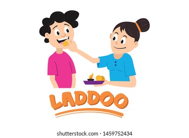 Vector cartoon illustration of brother and sister. Sister feeding sweet to her brother. Text laddoo. Isolated on white background.