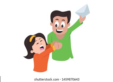 Vector cartoon illustration of brother teasing his sister. Isolated on white background.