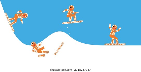 Vector ilustración de dibujos animados. Hombre de jengibre marrón, el sombrero salta en snowboard sobre la montaña de nieve y cae. Fases de snowboarder realiza truco sobre la colina. Concepto de Navidades, atleta ganado, año Nuevo