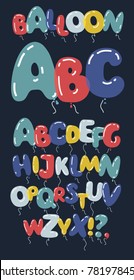 Vector cartoon illustration of Cartoon bubble font. Colorful letters with gloss. Transparent ABC on dark background.