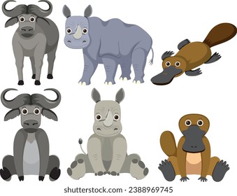 Vector cartoon illustration of buffalo, rhino, and platypus