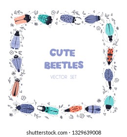 Vector cartoon illustration with bugs or beetles, square frame. Isolated elements on a white background. Scandinavian style, flat. Design of cards, prints, posters. Childrens illustration.