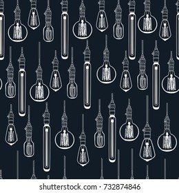 Vector cartoon illustration of Bulb on dark background. Electric lamp seamless pattern. Outline doodle line sketch ornamental decor.