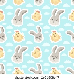Vector cartoon illustration of bunnies and chicks on a blue sky background