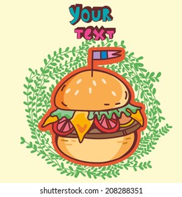 Vector cartoon illustration of burger in bright colors.