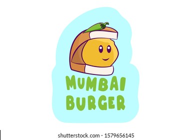 Vector cartoon illustration of burger. Lettering Mumbai burger text. Isolated on white background. 