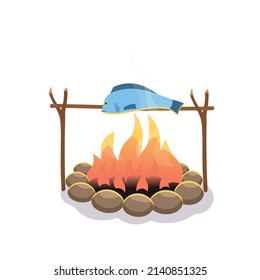 Vector cartoon illustration of burning bonfire with fish.Cartoon style.