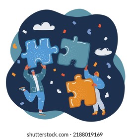 Ilustración vectorial del concepto de negocio. Metáfora del equipo. Personas conectando elementos del rompecabezas. Símbolo de trabajo en equipo, cooperación, asociación sobre fondo oscuro