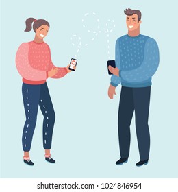 Vector cartoon illustration of Business man and woman communicate. Chatting with each other on phone, online conversation with texting message vector concept. Funny characters on isolated background.