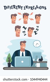 Vector cartoon illustration of Business man sit at table in the office character constructor for animation. Set of various men's expression faces.