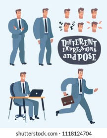 Vector cartoon illustration of Business man in suit character set in various poses and different expressions face. Run, Self-confidence folding arm, work on laptop at table, sad upside down 