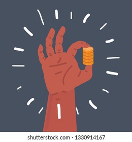 Vector cartoon illustration of Business man hand hold gold coins on dark background.