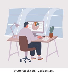 Vector cartoon Illustration of Business Man working on desktop workplace computer in the modern office. Rear view
