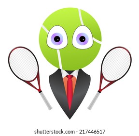 Vector cartoon illustration of business tennis mascot with head shaped tennis ball