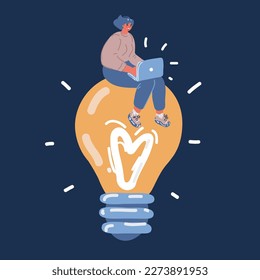 Vector cartoon illustration of business woman work at laptop while she sitting on bulblight over dark background