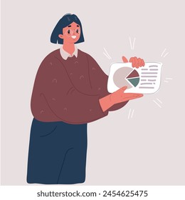 Vector cartoon illustration of Business woman is standing and holding briefcase. Multitasking and time management concept. Effective management.