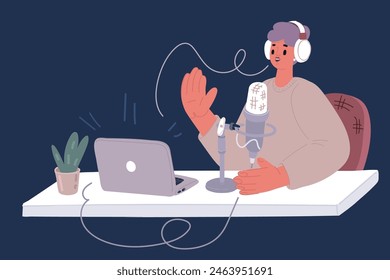 Vector cartoon illustration of Business woman blogger laptop. Concept education, design for bloggers, journalists, interviewer. Podcaster or streamer over dark backround