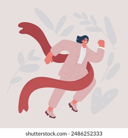 Vector cartoon illustration of Business woman winner leader person running, crossing finish line ribbon. Confident businesswoman win race competition achieving success. Career achievement leadership