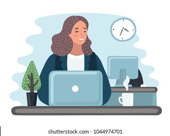 Vector cartoon illustration business women with documents in office at table.