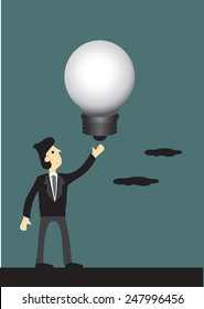 Vector cartoon illustration of a businessman with a big lightbulb. Metaphor for big idea for business.