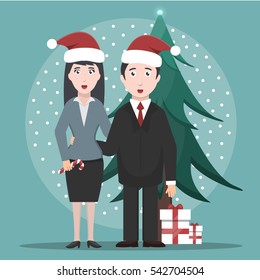 Vector cartoon illustration of businessman and business woman characters in Santa's hats and fir with presents. Concept of Merry Christmas and Happy New Year