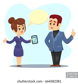 Vector cartoon Illustration of businessman and businesswoman discussing business strategy conversation between coworkers