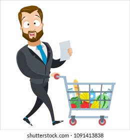 
Vector cartoon illustration of businessman character wish shop list pushing supermarket shopping cart full of groceries. Vector illustration in cartoon flat style, isolated on a white background.
