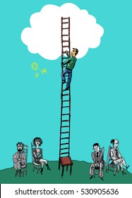 Vector cartoon illustration of a businessman climbing a ladder into the sky looking up into the cloud. Manager on a step ladder with business team around. Career development in business