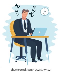 Vector cartoon illustration of Businessman falling asleep at his work, sitting at  table business concept in sleeping, dozing, relaxing, take a break or lazy at working. 