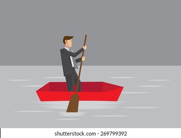Vector cartoon illustration of businessman paddling with wooden oar in a small boat surrounded by water.
