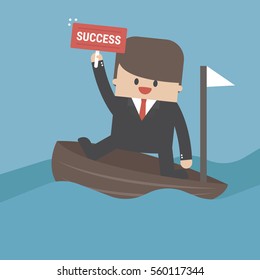 Vector cartoon illustration of businessman paddling with wooden