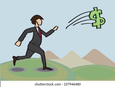 Vector cartoon illustration of businessman running after an elusive flying dollar sign 