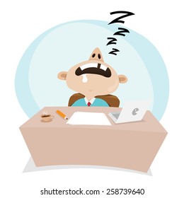 Vector cartoon illustration of a businessman sleeping at work.