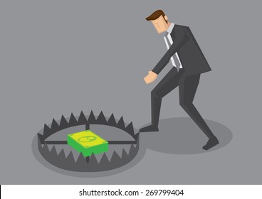 Vector cartoon illustration of businessman tempted to reach for money inside trap. Creative vector illustration for business concept for greed and money trap.