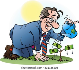 Vector Cartoon Illustration Of A Businessman Watering A Money Tree