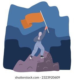 Vector cartoon illustration of Businesswoman Character Hoisted Flag on Mountain Top. Business Woman on Peak of Success. Leadership, Winner, Challenge Goal Achievement, Successful over dark background