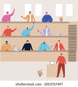 Vector cartoon illustration of busy college class with students doing discussion background.