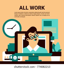 Vector cartoon illustration of busy office worker man character