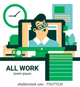 Vector cartoon illustration of busy office worker man character